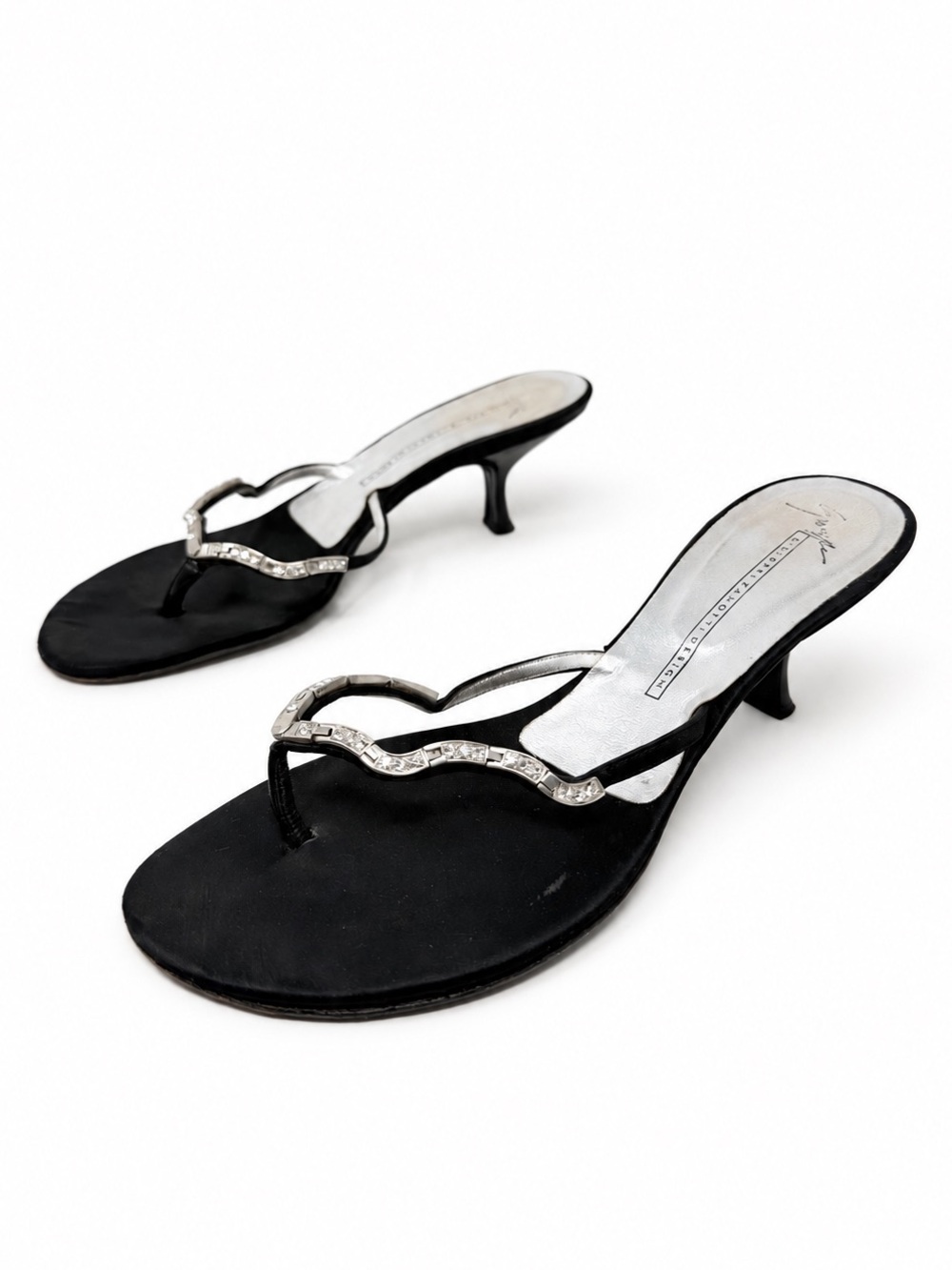 Vintage Giuseppe Zanotti Black Satin Crystal Thong Heel Sandals Size 8
